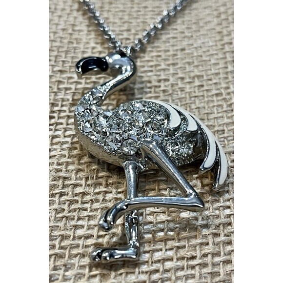 Chicos Clear Rhinestone & Enamel Flamingo Pendant Silver Tone Necklace  30~33in - Picture 4 of 10